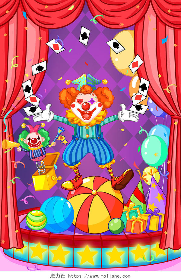 愚人节小丑人物搞笑马戏团卡通手绘插画欢乐礼盒扑克牌气球喇叭卡通愚人节小丑插画
